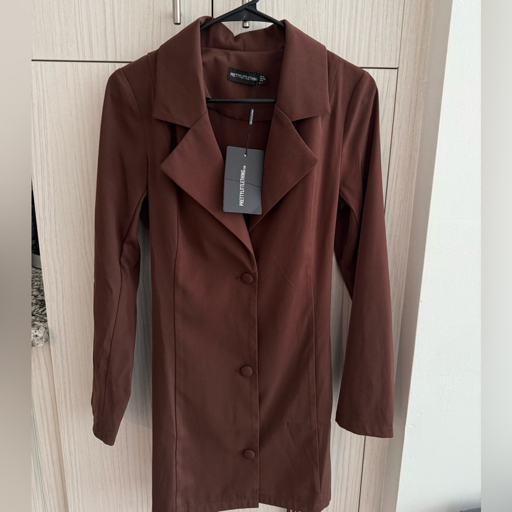 PrettyLittleThing Petite Chocolate Lace Up Detail Blazer Dress- UK 12 US 8